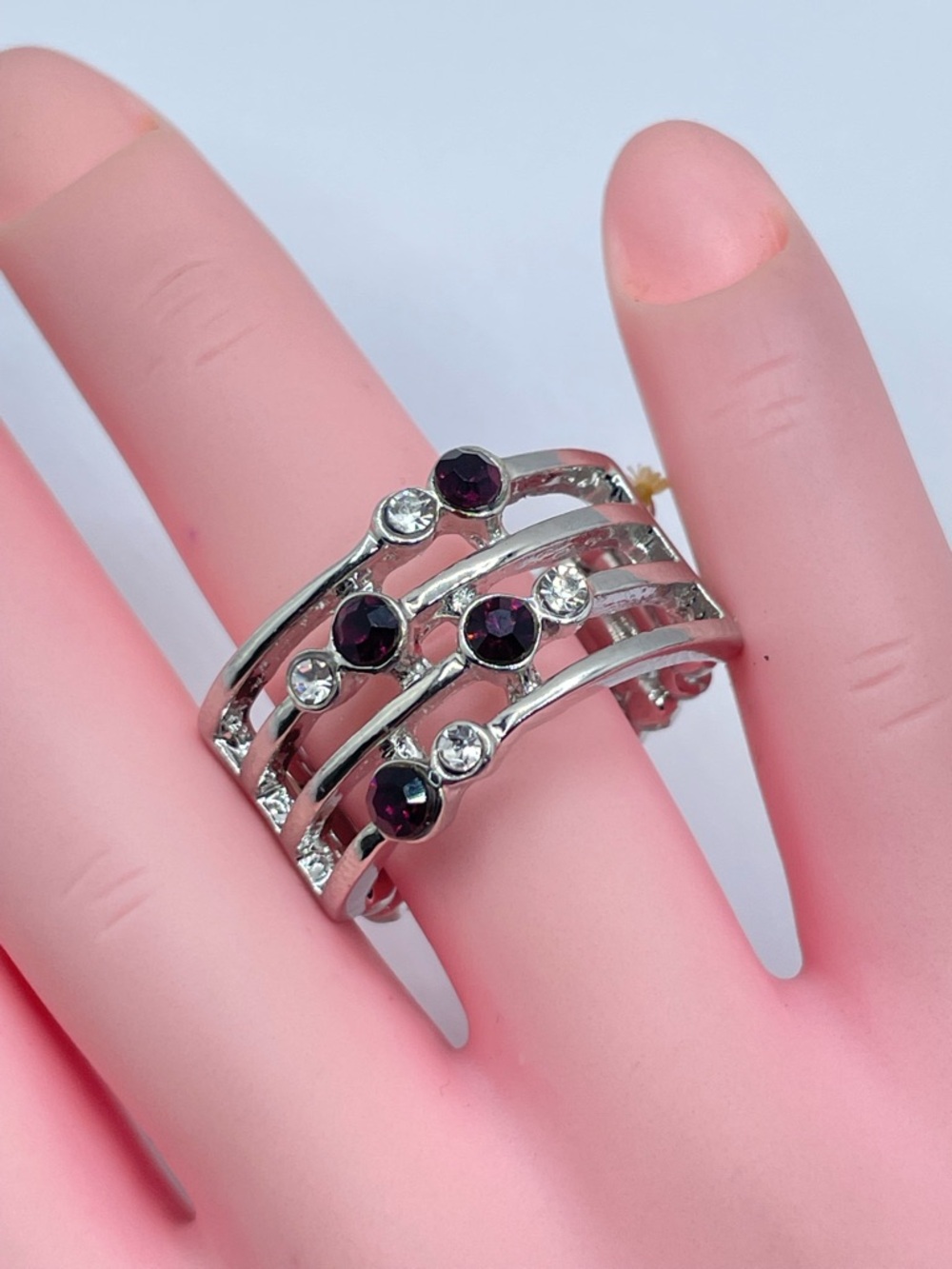 Silver Tone Stretch Ring Red Crystal Multi Band Statement